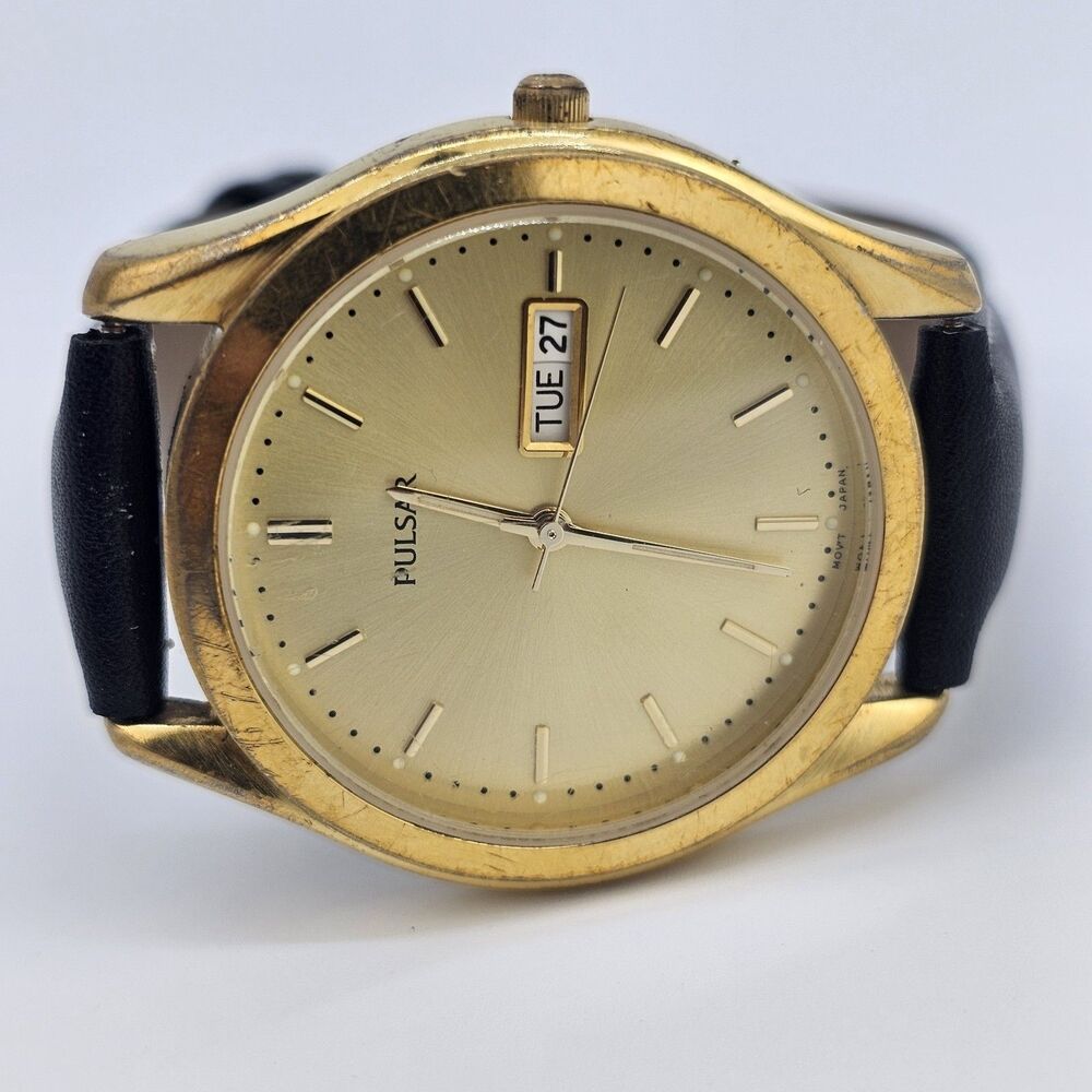 VTG Pulsar Men's Watch 37MM Gold Dial‎ Day Date New Black Leather Bands Battery
